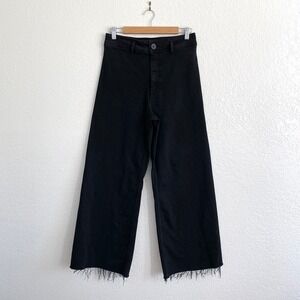 ZARA Marine Straight Jeans Black Wash Denim High Rise Wide Leg Raw Hem Size 8